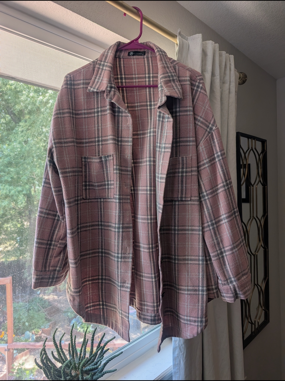 Women's Plaid Button-Front Shirt Jacket in Dusty Rose
